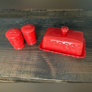 Pioneer woman salt and pepper shaker and butter dish